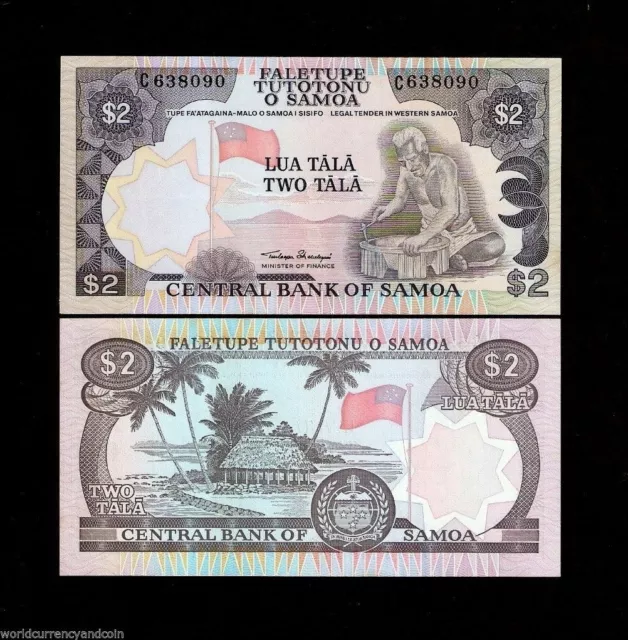 Western Samoa 2 Tala P-25 1985 Flag Unc World Paper Money Wood Carver Bank Note