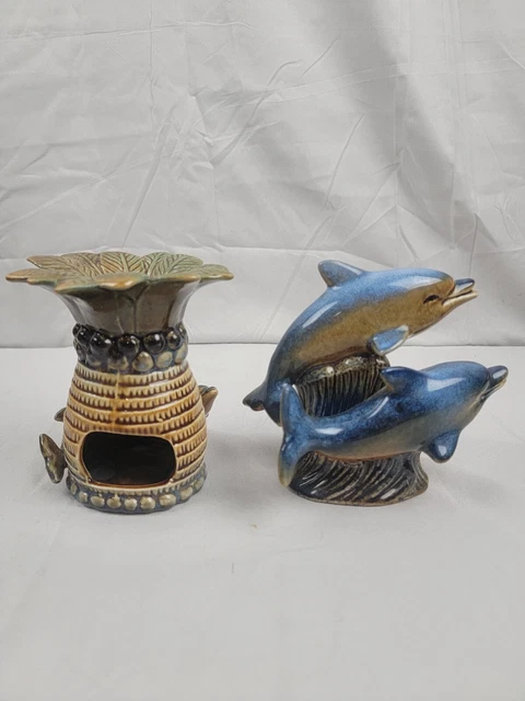 Set Of 2 Dolphin Figurines/Tea Light Blue & Brown Vtg Pineapple