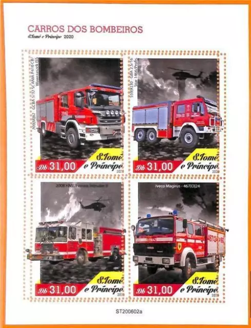 A6703 - SAO TOME & PRINCIPE, Error, 2020, MISSPERF MINIATURE SHEET: Fire trucks