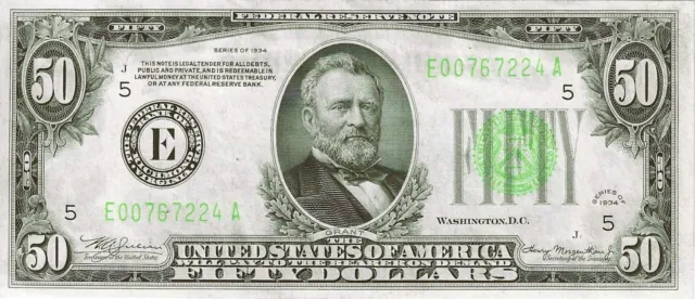 1934 $50 Richmond Federal Reserve ~ Lime Green Seal ~ Choice Crisp Uncirculated