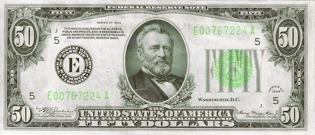 1934 $50 Richmond Federal Reserve ~ Lime Green Seal ~ Choice Crisp Uncirculated