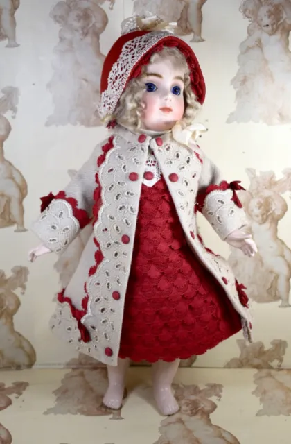 Cappotto, abito e cofano in lana e pizzo per bambola antica o riproduttiva 14"" (36 cm)