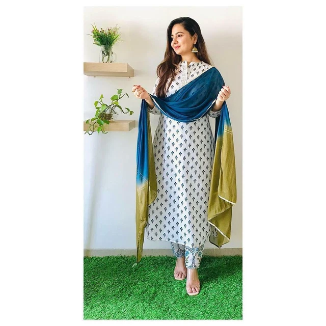 Women White Kurta Palazzo Dupatta Beautiful Salwar Kameez Summer Kurti Pent Set