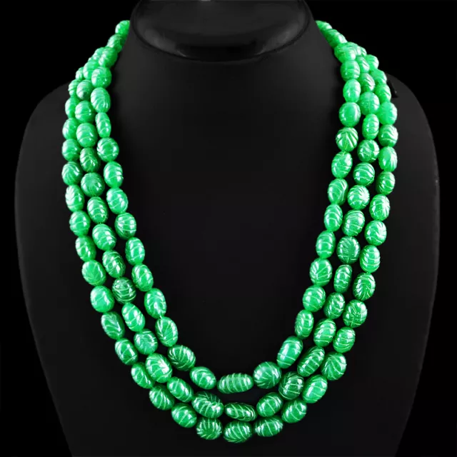 760.50 Cts Earth Mined 3 Strand Rich Green Emerald Oval Carved Beads Necklace