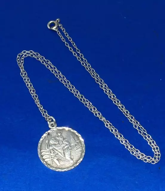 Sterling Silver St. Christopher Pendant and Chain, Circular 2.2cm diameter
