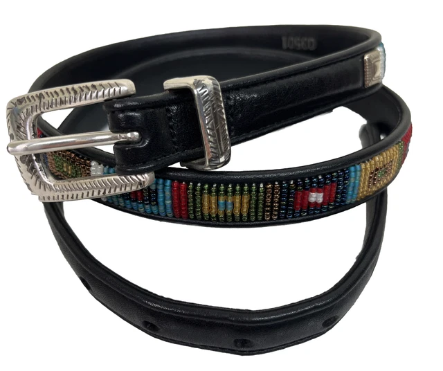 Brighton black leather beaded belt southwestern silver Size XL