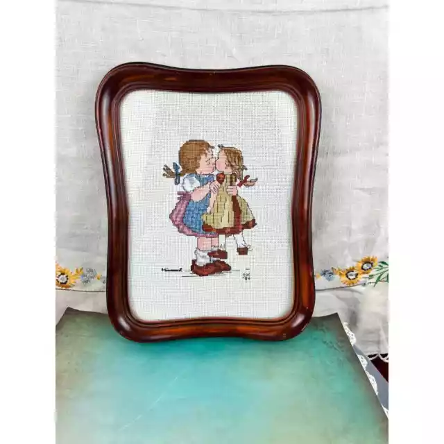 Vtg Hummel Dutch Boy Girl  Embroidered Needlepoint Finished Framed~Signed 1984