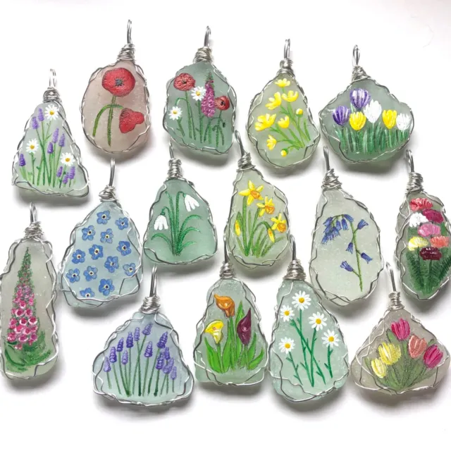 Hand painted miniature art sea glass flower necklaces - 18" cord wire wrapped