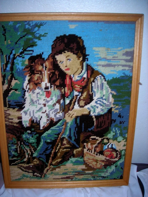 Cadre Tableau Vintage Enfant Avec Canevas Laine Tricot - Chien