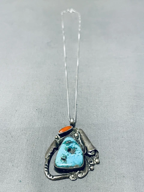 Marvelous Vintage Navajo Morenci Turquoise & Coral Sterling Silver Necklace