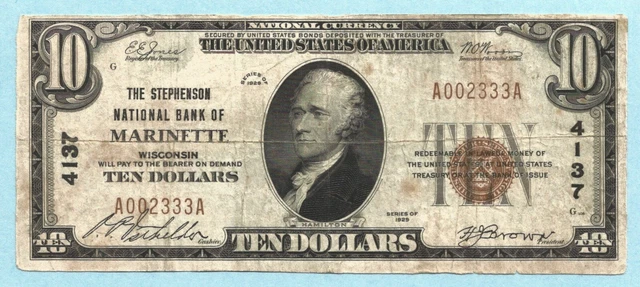 $10 National Currency 1929 T1 - Ch#4137 - Stephenson NB, Marinette, WI - VF