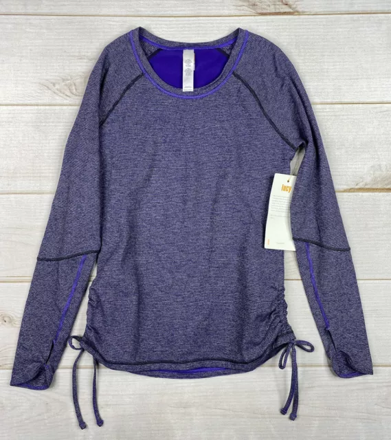 Lucy Tech Top Womens Sz M Purple Athletic Long Sleeve Thumbholes Ruched Sides