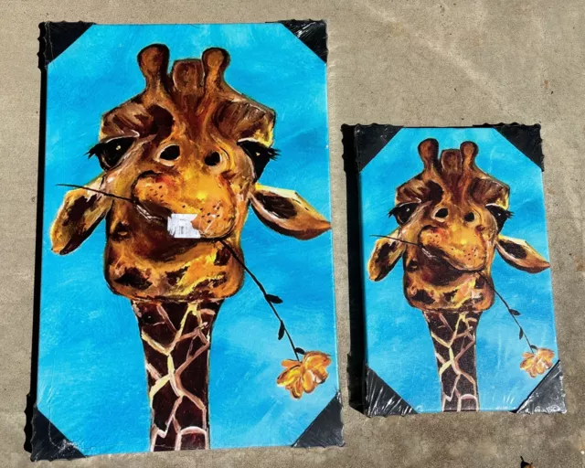 Stretched Canvas Wall Art Decor Giraffe Head w/Flower (NEW IN PLASTIC)-Lot Of 2