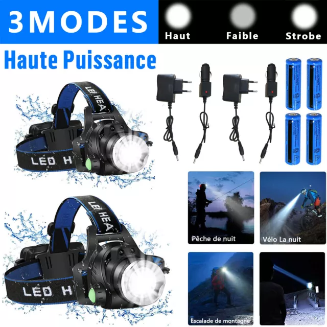 2 Pièces 25000LM Lampe Frontale USB Rechargeable Tactique Ultra Puissante Torche