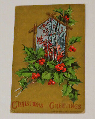 Christmas Greeting Postcard Embossed Scenic Holly c1908