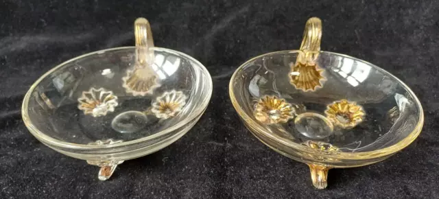 Pair Bohemian Moser Clear Glass 'Taste du Vin' on 3 Gilded Scroll Feet c1920. 4*