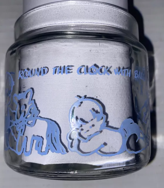 Vintage Nursery Jar Blue Round the Clock with Baby NO Lid MCM Glass Decor Prop