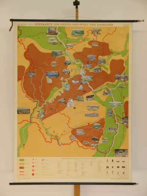 Rhineland-Palatinate And Saarland Lernkarte 1964 Schulwandkarte Wall Map