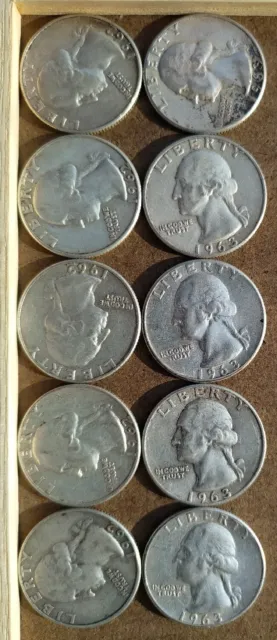 Washington Quarters Lot of 10 coins 1962 and 1963 dates 90% Silver