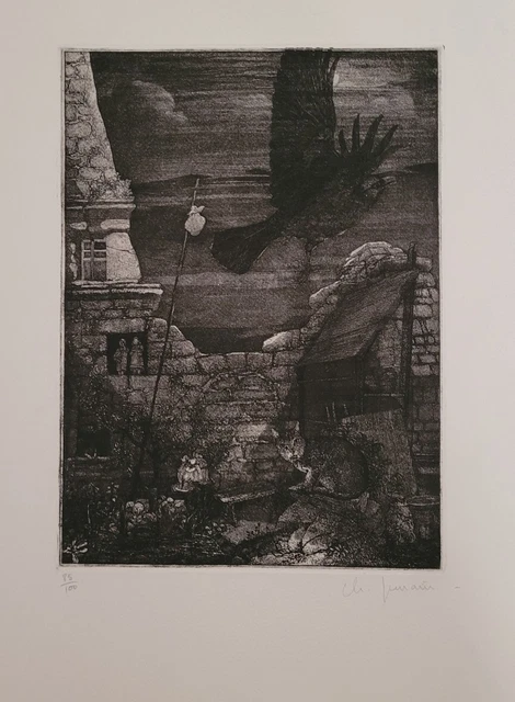 Lithographie signée et numérotée décor d'oiseau et de chat signature à identifie