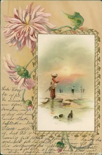 Ansichtskarte Prägekarte um 1910 (Nr.9888) Strand Blumen