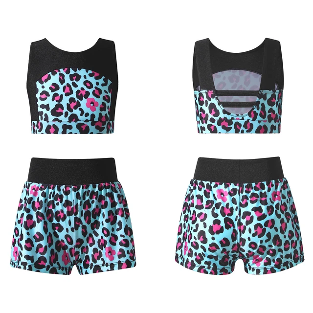 Kids Girls Actviewear Outfits Gymnastics Swimming Leopard Print Crop Top+Shorts