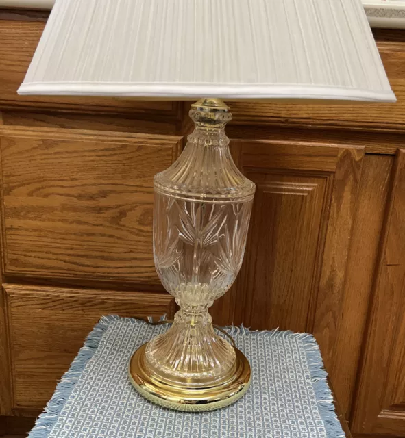 BRILLIANT CUT GLASS End TABLE LAMP CLEAR  Gold Base 28” shade finial Crystal