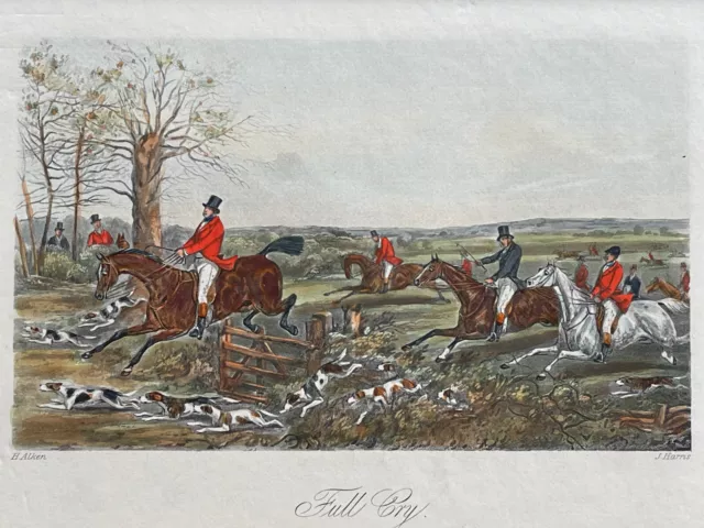 Gravure ancienne coloriée main Full Cry Angleterre chasse Alken & Harris 1850