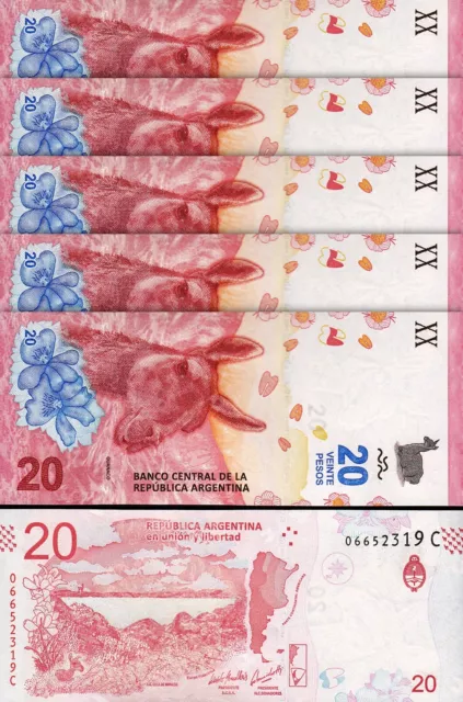 Argentina 20 Pesos 2017, UNC, 5 Pcs LOT, P-361, Suffix B