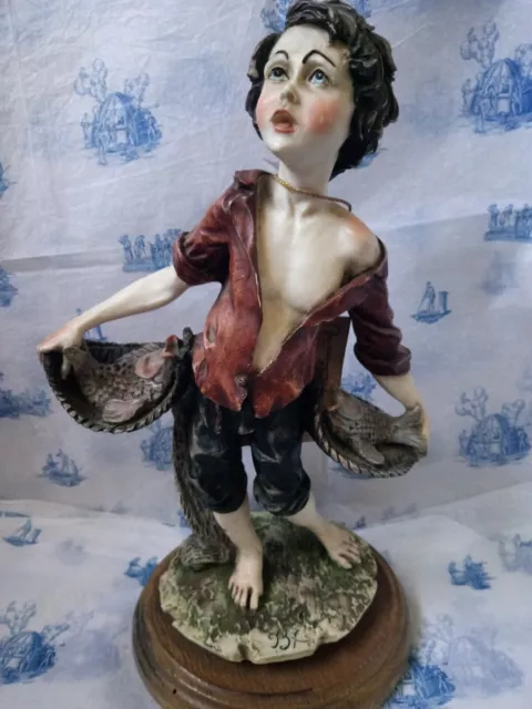 Vintage Capodimonte Fish Seller Young Man Boy Figurine Ornament Certificate(2997