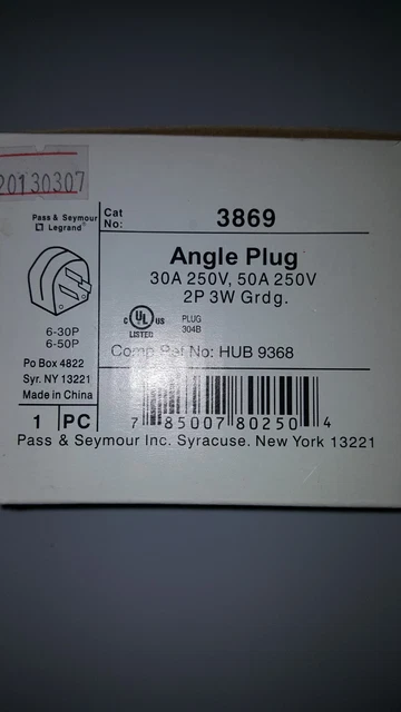Pass & Seymour 3869 30A/50A 250V 2 Pole 3 Wire Grnd Angle Plug