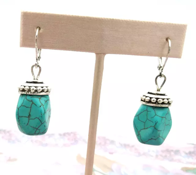 Vintage Southwestern Style Silver Tone Howlite Turquoise 2" Dangle Earrings