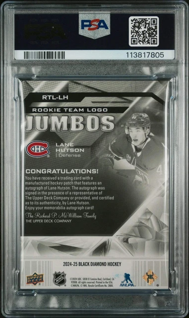 2024 UD BLACK Diamond Rookie Team Logo Jumbo Patch Auto Lane Hutson PSA ...