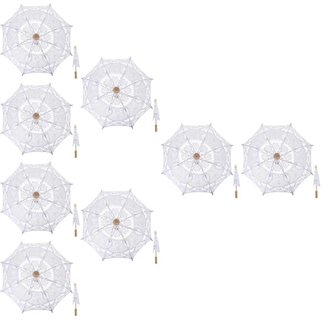 8 pz ombrellone da sposa bianco, cotone con manico in legno, fiori artigianali