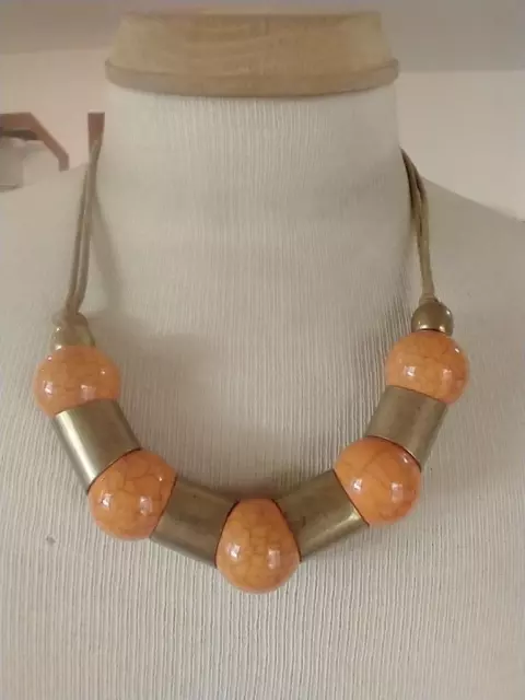 Vintage Orange Mod Tribal Inspired Huge Statement Chunky Necklace,Howlite Stone
