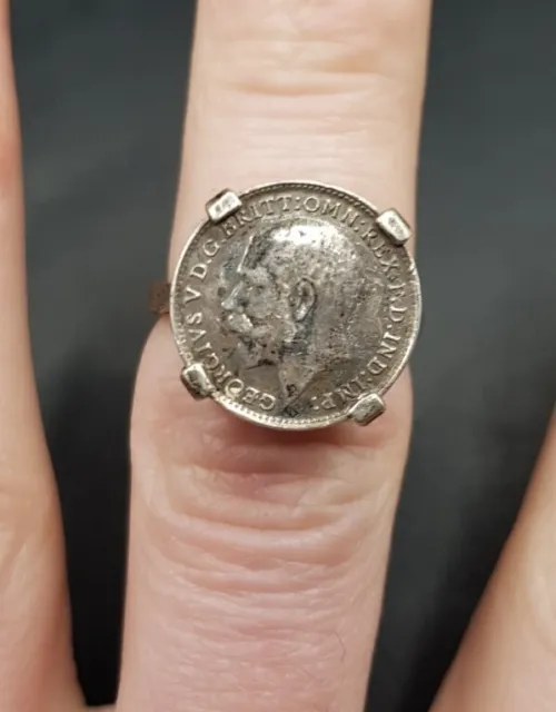 Old Antique English Silver 1919 Threepence Coin Ring. UK Size N 1/2 .🇬🇧