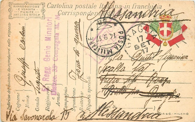 768 - Regno - Annullo posta militare 5B su franchigia militare F 9, 14/09/1917
