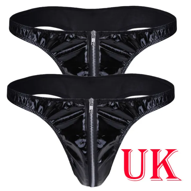 UK Men's Wet Look Leather Bulge Pouch G-String Thongs Underwear Bikini Briefs