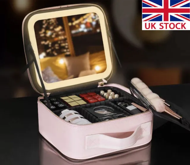 Makeup Bag with LED Mirror Vanity Case Beauty Box Make up Travel Cosmetic Bag UK