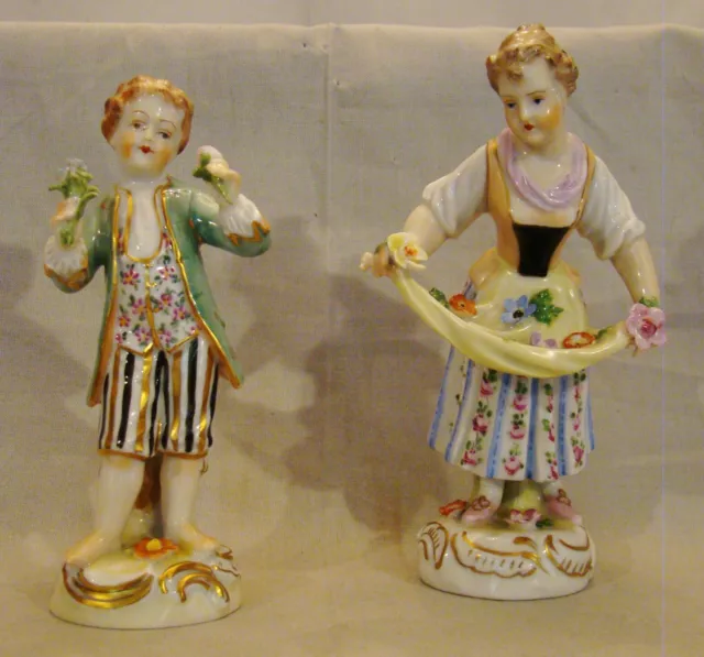 Pair of Dresden Saxonian Porcelain Figurines Boy & Girl With Flowers  after 1901