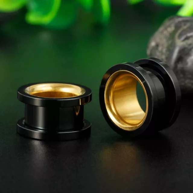 GOLD INNER BLACK METAL Ear Flesh Tunnels Piercing Stretcher Plug Flared TU204