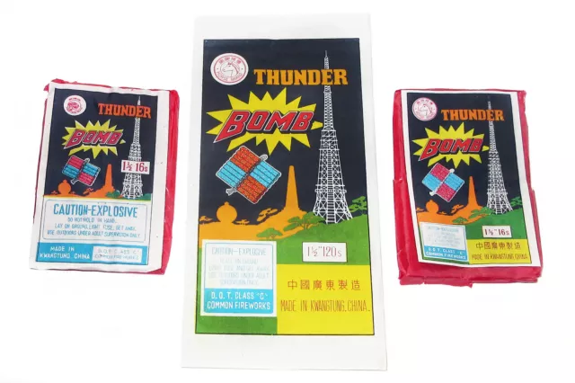 3 Vintage 1970s Thunder Bomb Labels ~ Tiger Head & Horse Brand Made in Kwangtung