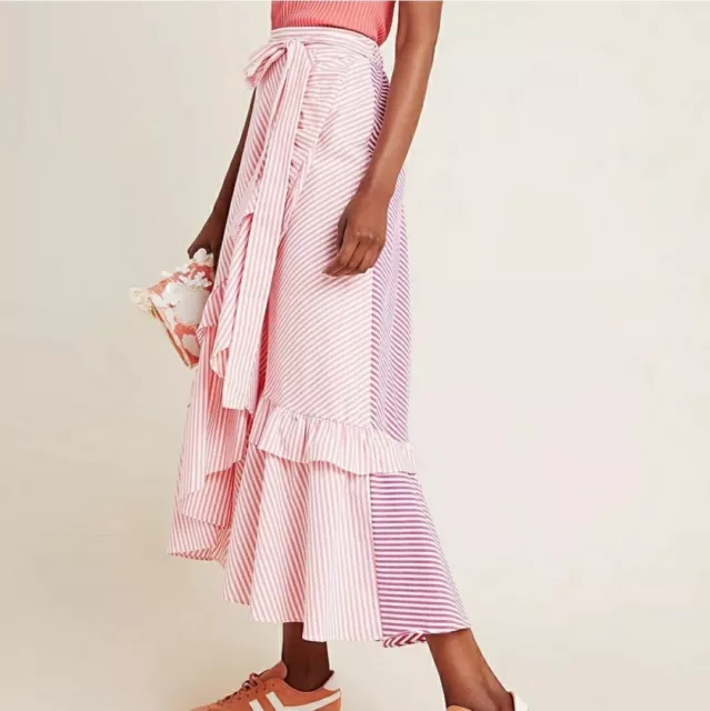 ANTHROPOLOGIE Skirt Sz M Maeve Penny Two Toned Pink Striped Ruffled Midi Skirt