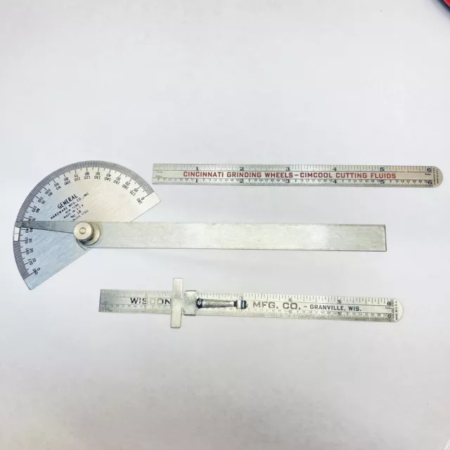 Protractor General Tool No.18 Round Head Stainless Steel & (2) 6" Rules - Lot