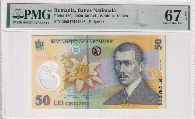 Romania 50 Lei 2021 P 120 j Polymer Superb Gem UNC PMG 67 EPQ