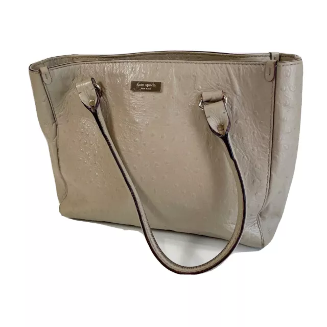 Kate Spade NY Womens Leather Ostrich Tote Bag Gray L Polka Dot Liner Zip Pocket
