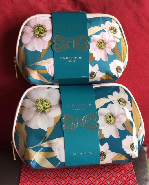 Ted Baker Blue/Turquoise Floral Set Small  & Large Wash Cosmetic Make Up Bags