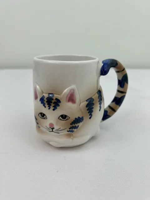 Pier 1 Imports White Kitten Cat Coffee Mug Blue White