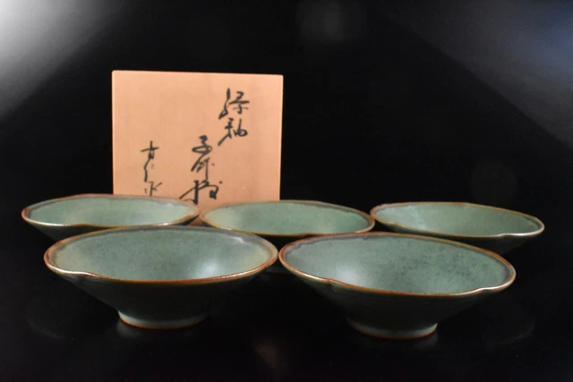 K6232: Japanese Seto-ware Green glaze SERVING PLATE/dish 5pcs, auto w/signed box