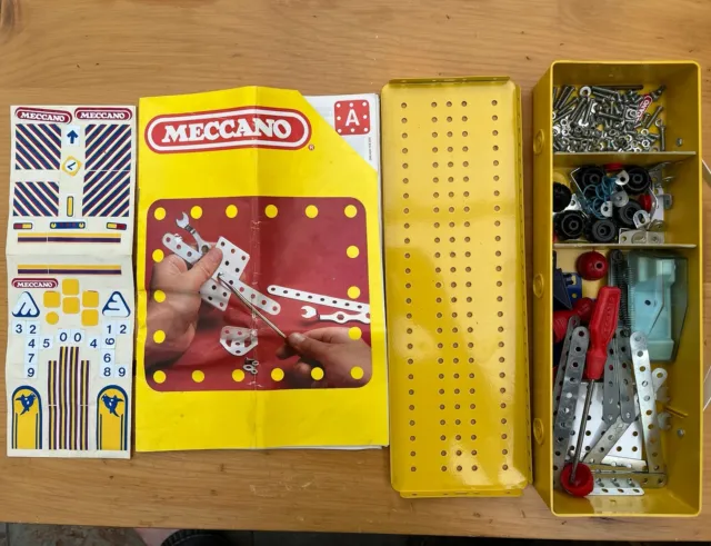 Meccano Set A Vintage, 1980s, instructions and yellow tin, mostly complete